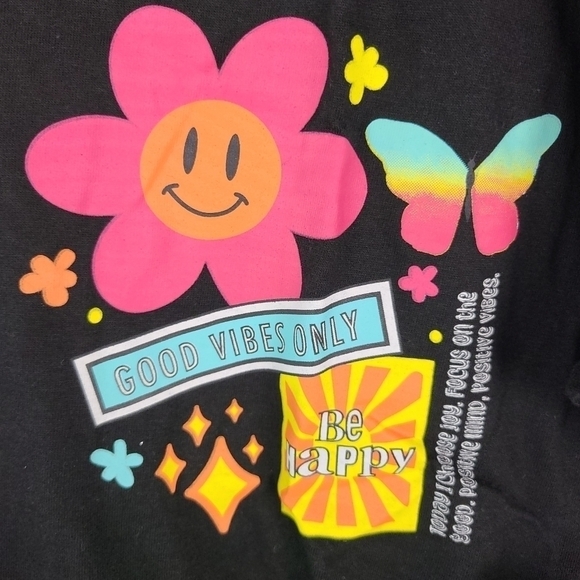 NEW ON Fire Black Fringe Tee "Good Vibes Only Be Happy" Flowers Print SZ 2X NWT - Picture 2 of 7